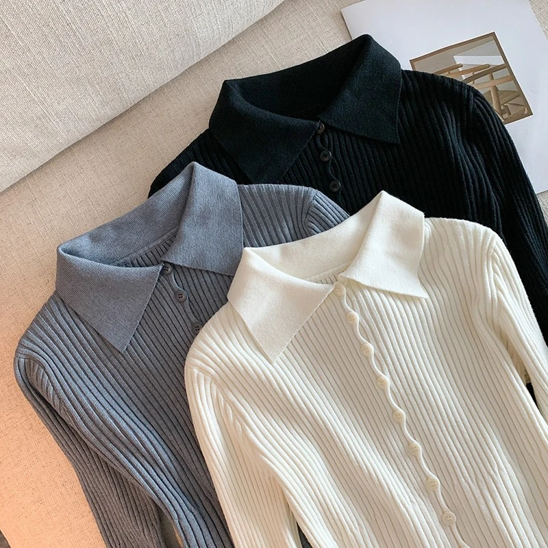 سيولش أنيقة واحدة الصدر بولو طوق المرأة سترة مشغولة من الصوف كم طويل البلوزات غير رسمية سليم الأعلى الإناث 2025 جديد