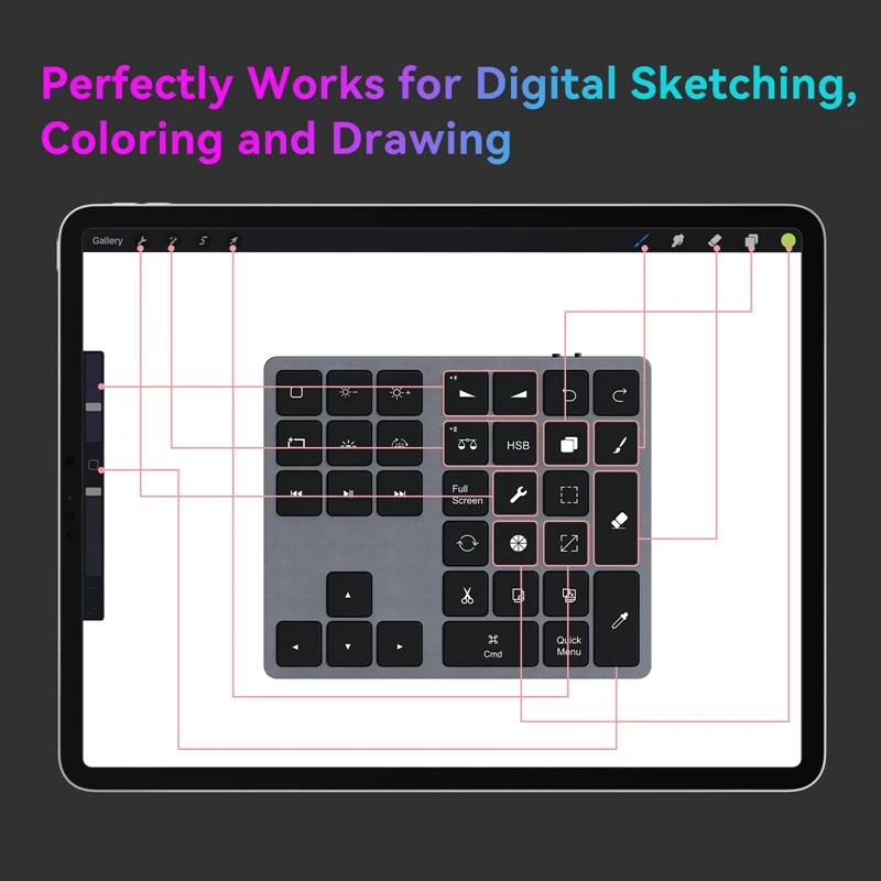 Imagem -04 - Teclado Bluetooth com Backlit Procreate Teclado Recarregável Atalhos de Desenho para Ipad Tablets Gráficos Number Pad Fácil de Instalar