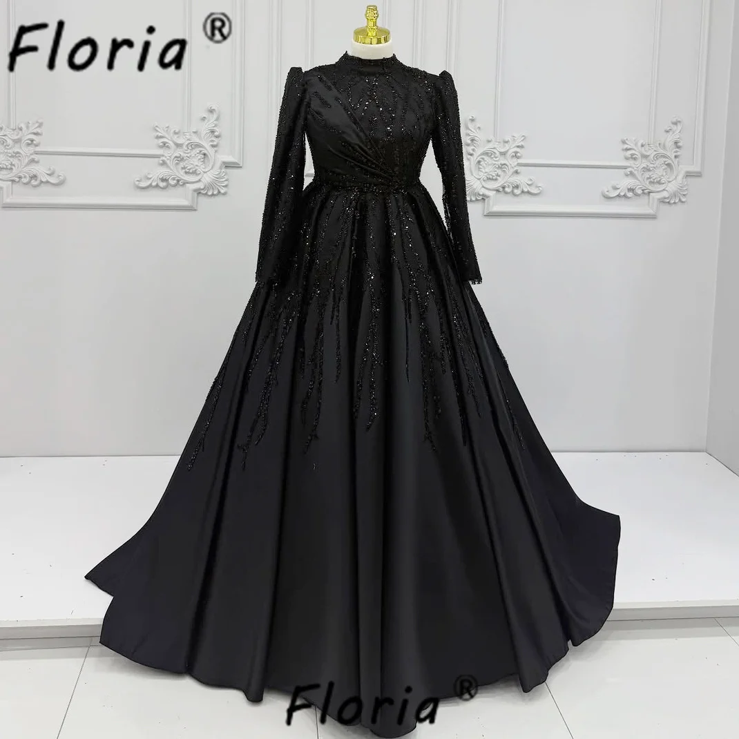 

Customized Aso Ebi Women Beaded Evening Dress with Detachable Train Black 3D Lace Appliques Muslim Dubai Wedding Party Gown 2026