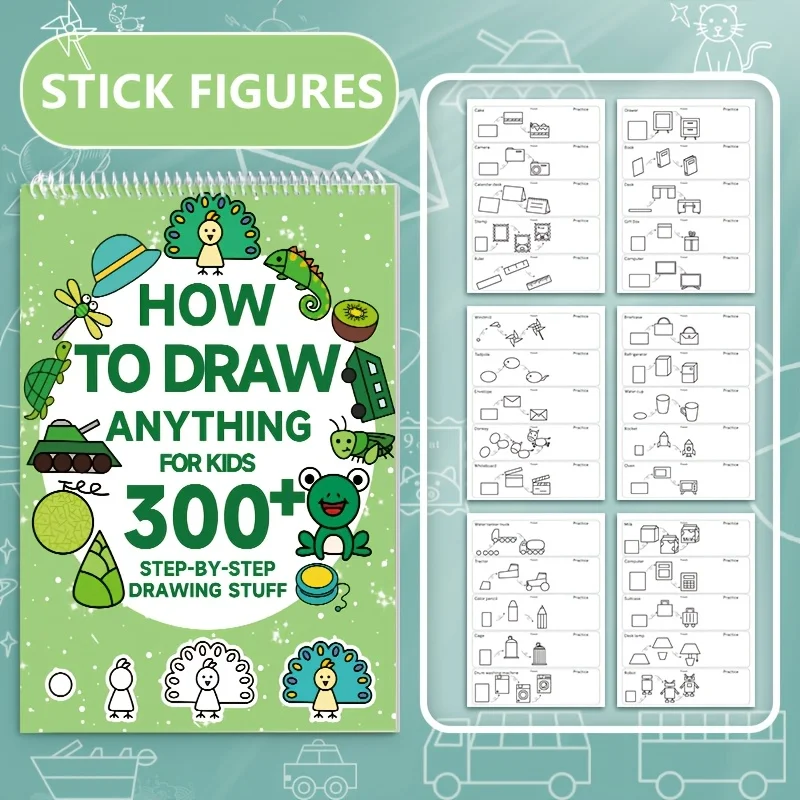 300+ Step-by-Step 1pc Green Stick Figure Drawing Book Art  Learning Painting Supplies with Cartoon Dinosaur & Frog Designs Book