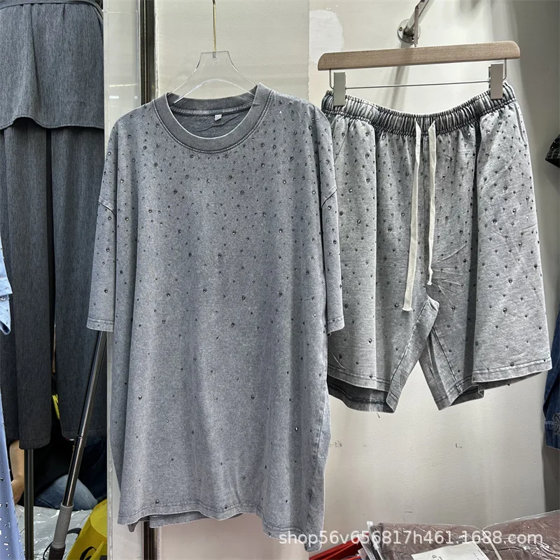 الصيف النساء كامل النجوم الماس مطرز تي شيرت الساخن الحفر تيز الراين القمم مرونة الخصر واسعة الساقين السراويل 2 قطعة مجموعة