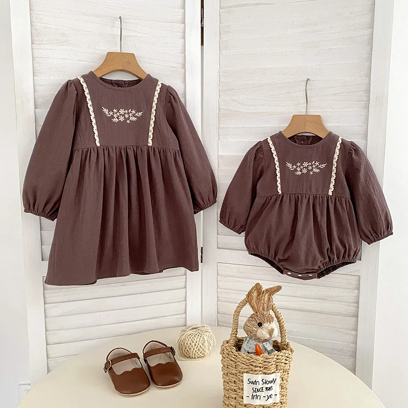 

Spring Baby Girls Long Sleeve Sweet Sisters Eid Vintage Dresses Autumn Infant Rompers Kids Baby Girls Princess Clothes Rompers