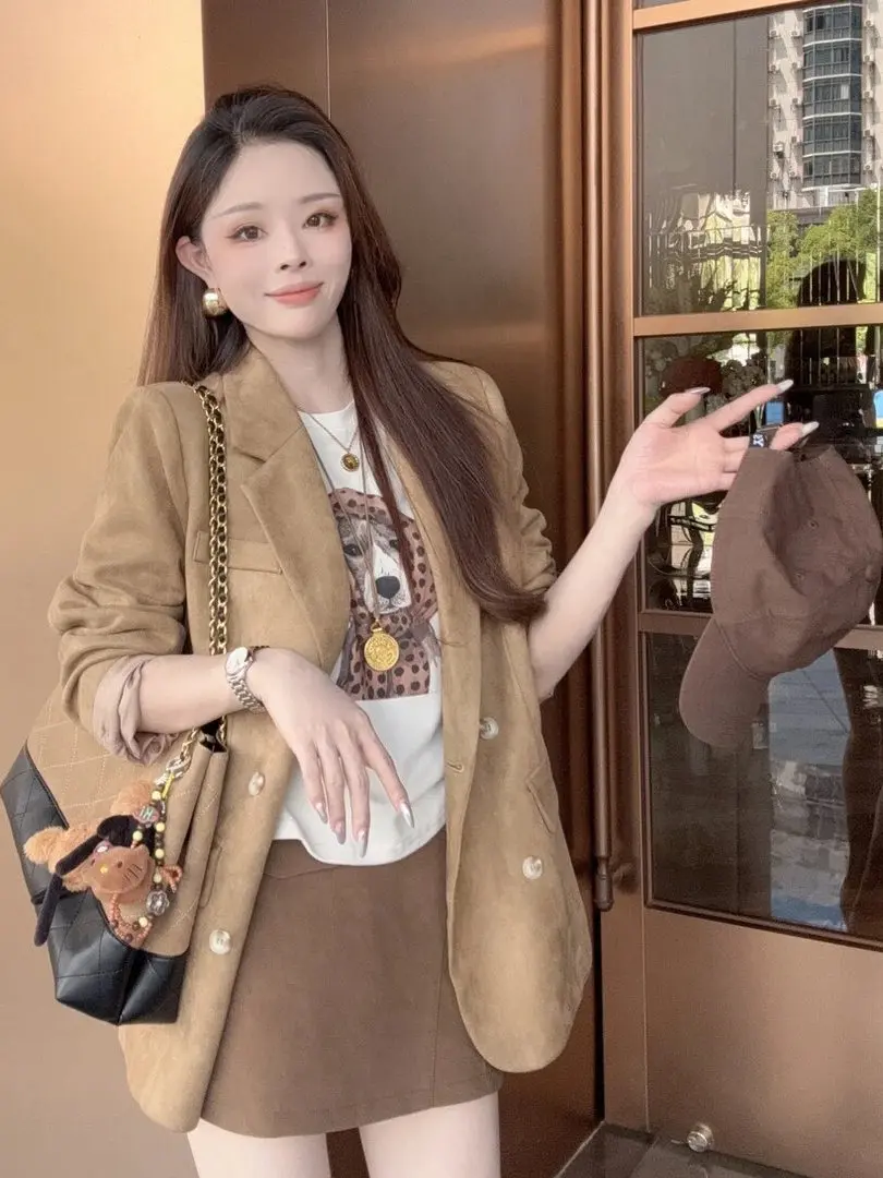 

Elegant Single-Button Notch-Lapel Suit Jacket for Women Vintage Preppy Style Long Sleeve Versatile Spring Cardigan Top