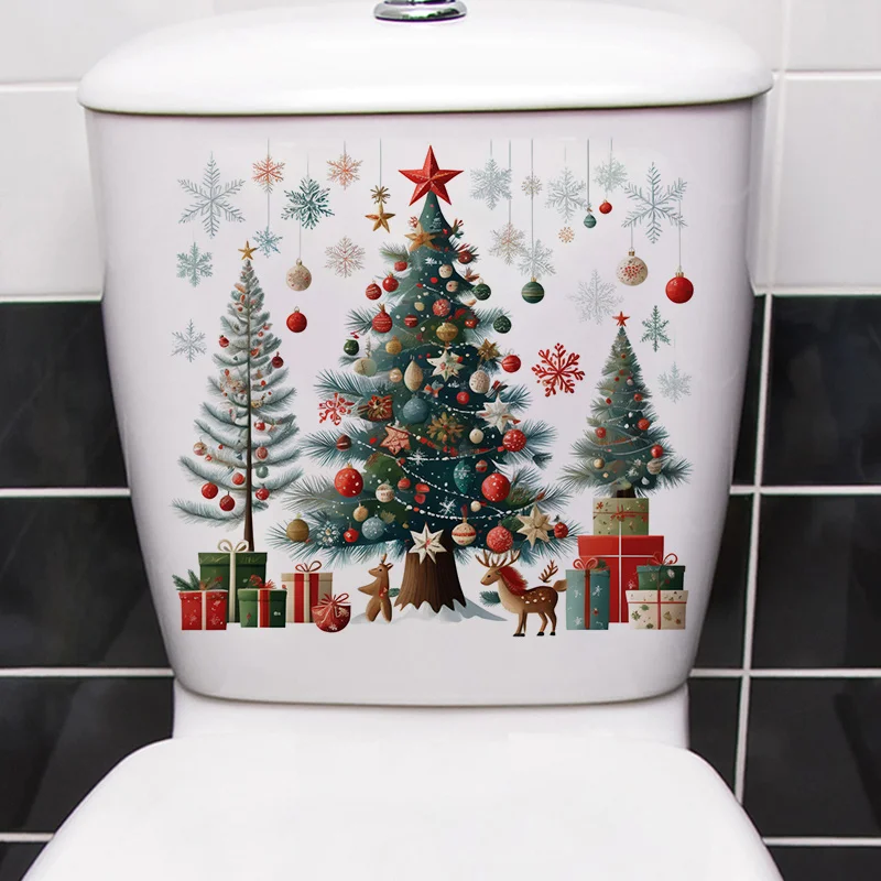 Christmas Tree Reindeer & Hanging Star Pattern PVC Material Home Wall Bathroom Toilet Lid Decorative Sticker,Home Decor Sticker