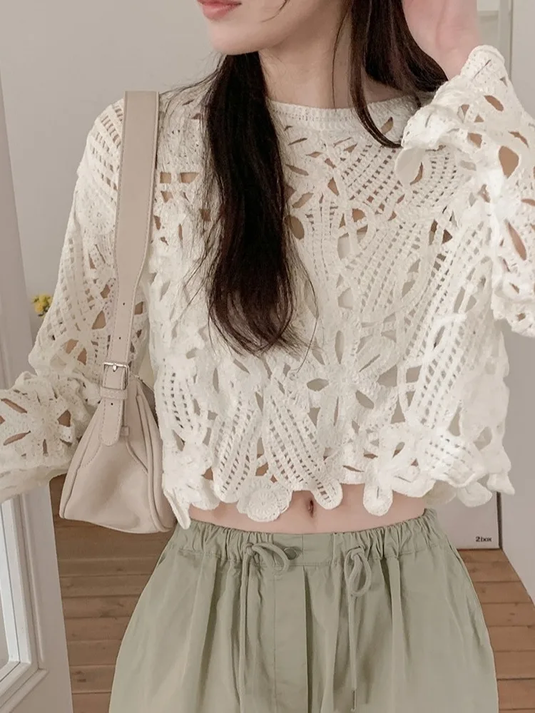 

Korean Sle Early Autumn Slim Fit Women's Lace Knitted ort Top Sun Protection Layering Versatile Knitwear Hollow out Design