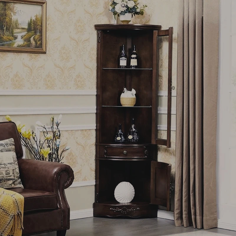 

Curved solid wood corner wine cabinet - restaurant corner storage display cabinet with glass door, triangular cabinet