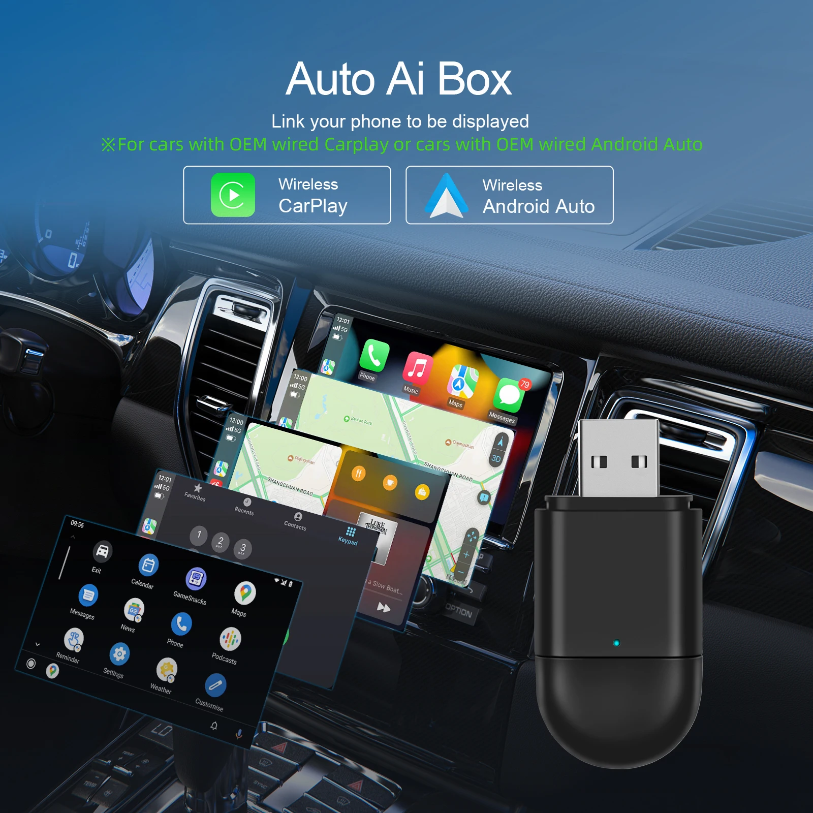 Podofo Carplay Ai Box Wireless CarPlay Android Car Adapter Apple Wireless Carplay Dongle Plug Play portable Support USB/TYPE C