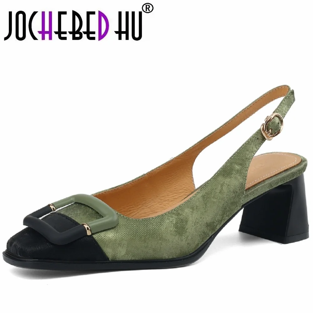 【JOCHEBED HU】Hot Cow Split Leather Summer Square Toe Chunky Mid Heel Shoes Slingback Crystal Shallow Office Lady