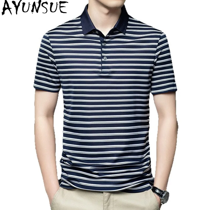 

AYUNSUE 100% Natural Mulberry Silk Polo Shirts for Man High Quality Luxury Short Sleeve Shirt Summer Top Fashion Striped Polos