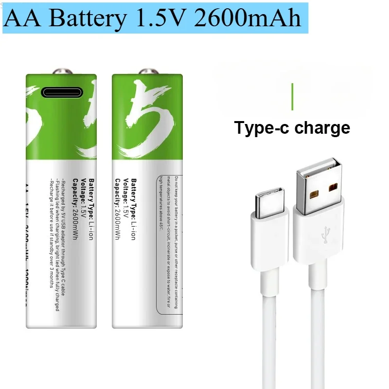 High Capacity USB AA Rechargeable Batteries 1.5V 2600 MWh Li-ion Battery for Remote Control Mouse Electric Toy Battery