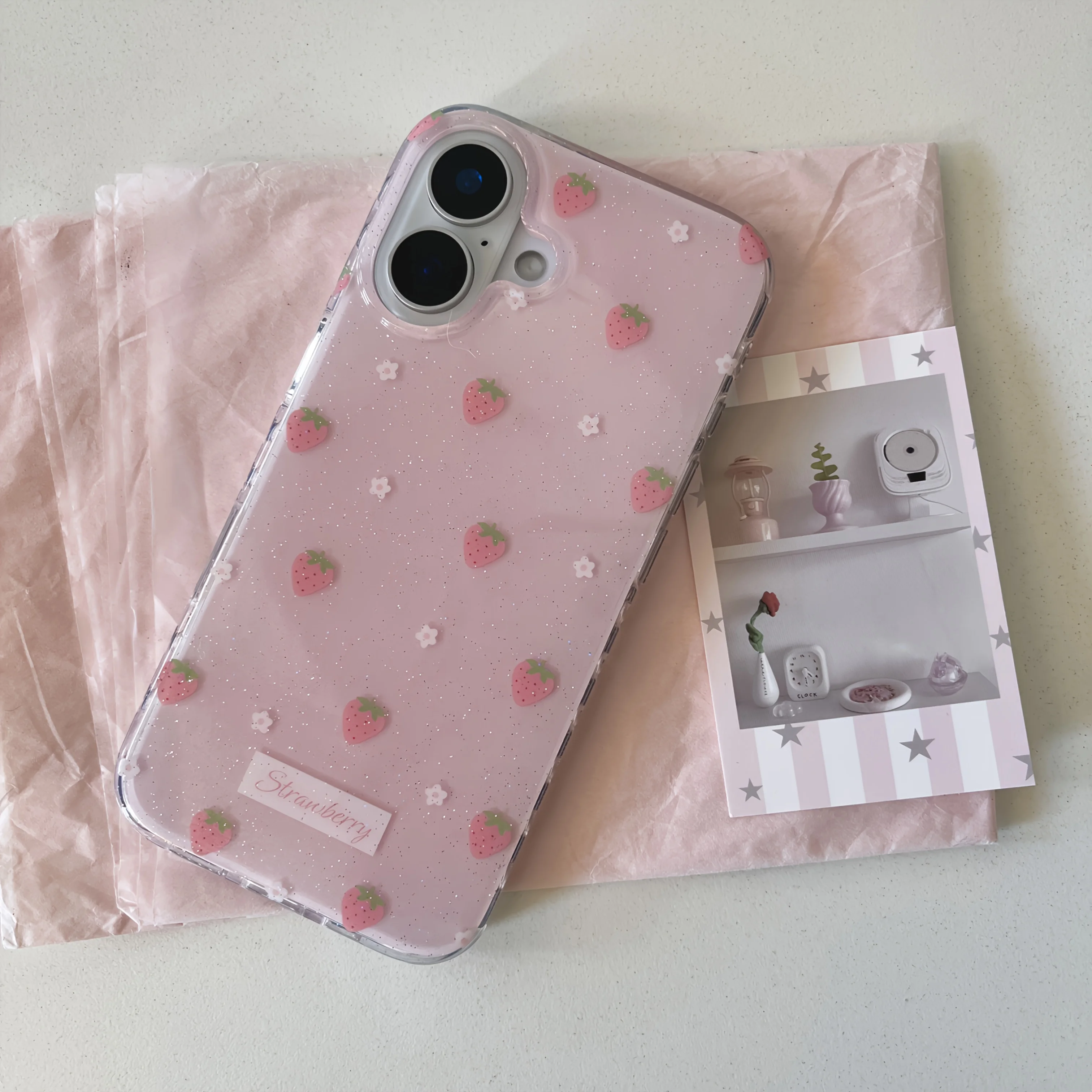 Funda de teléfono INS Cartoon Straberry para iPhone 17 16e 16 15 14 13 12 11 Pro Max X Xs XR XSMax 8 7 6 6s Air Plus textura de plumas