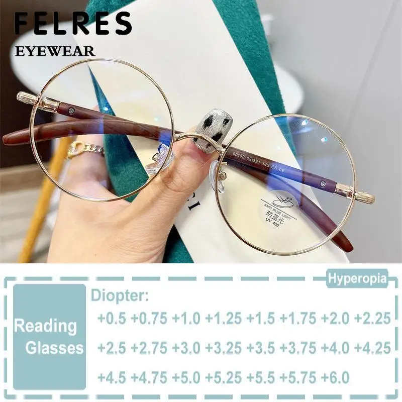 Retro Imitative Wood Grain Reading Glasses Big Round Frame Men Women Anti Blue Light Glasses Prescription Presbyopia Eyeglasses