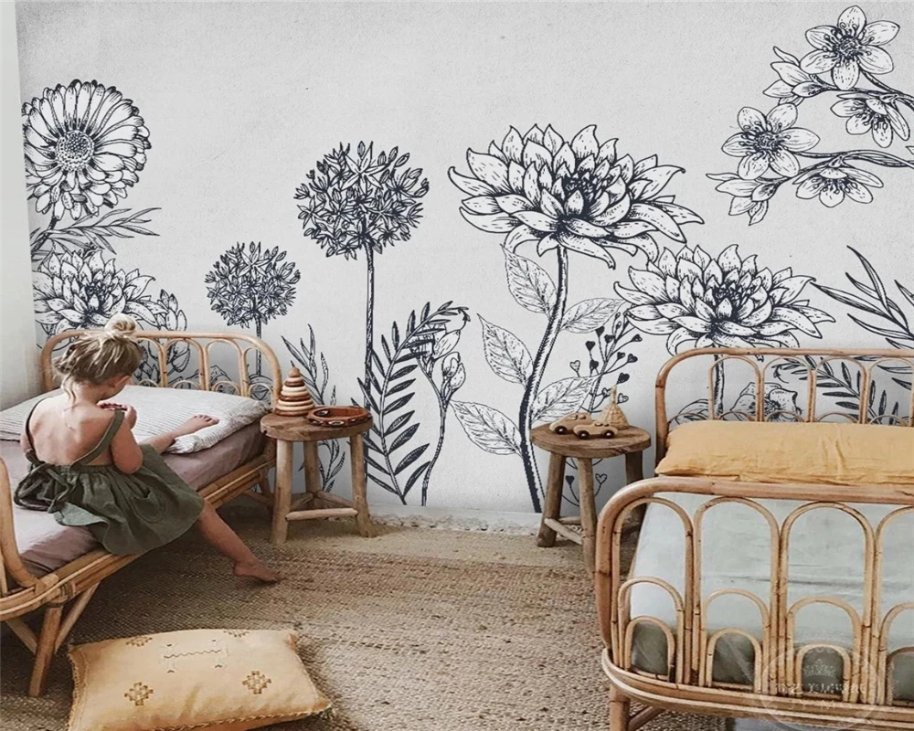Custom Mural Nordic minimalist hand-painted gray white flowers personality wallpaper Living room sofa TV background wall bedroom