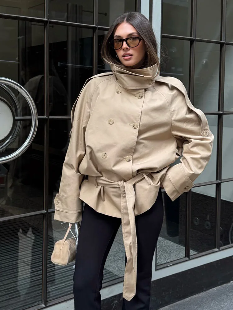 HH Women Elegant High Neck Double-Breasted Belt Decoration Chic Jacket High Street Female Fashion High Street Short Windbreaker