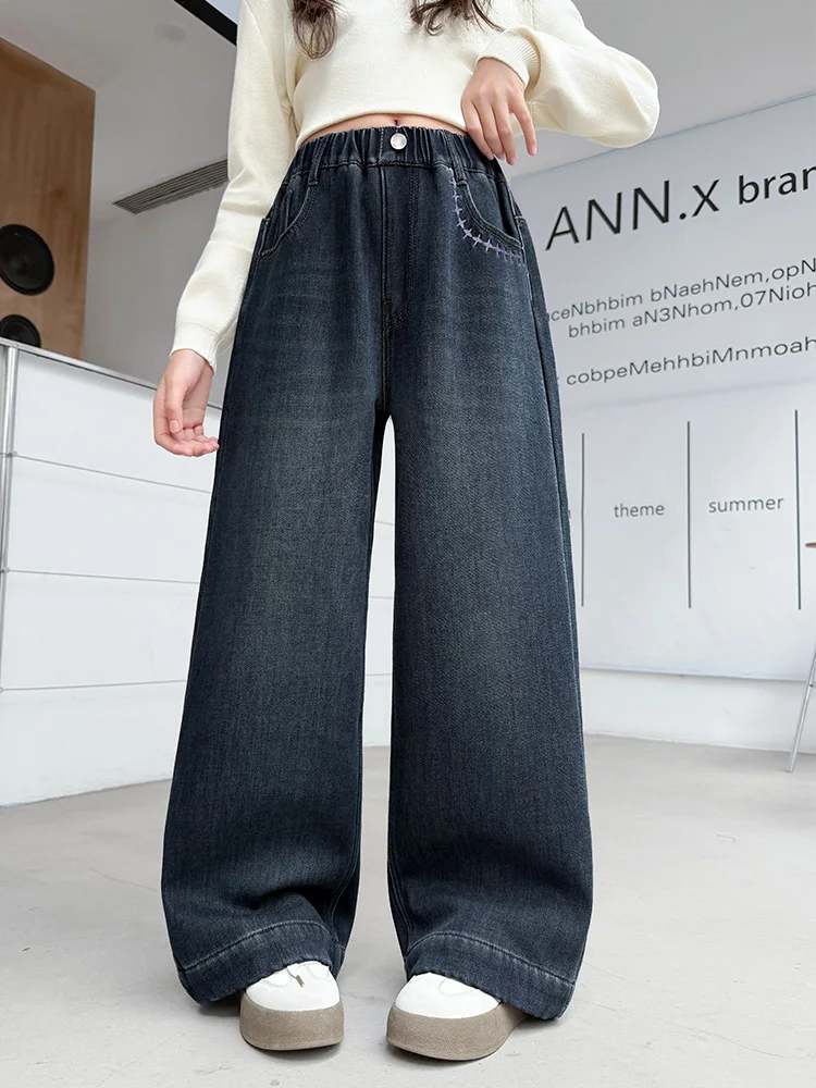 Jeans invernali a gamba larga per ragazze Pantaloni coreani a gamba larga per studenti delle scuole medie intercati Fce Pantaloni casual dal taglio dritto