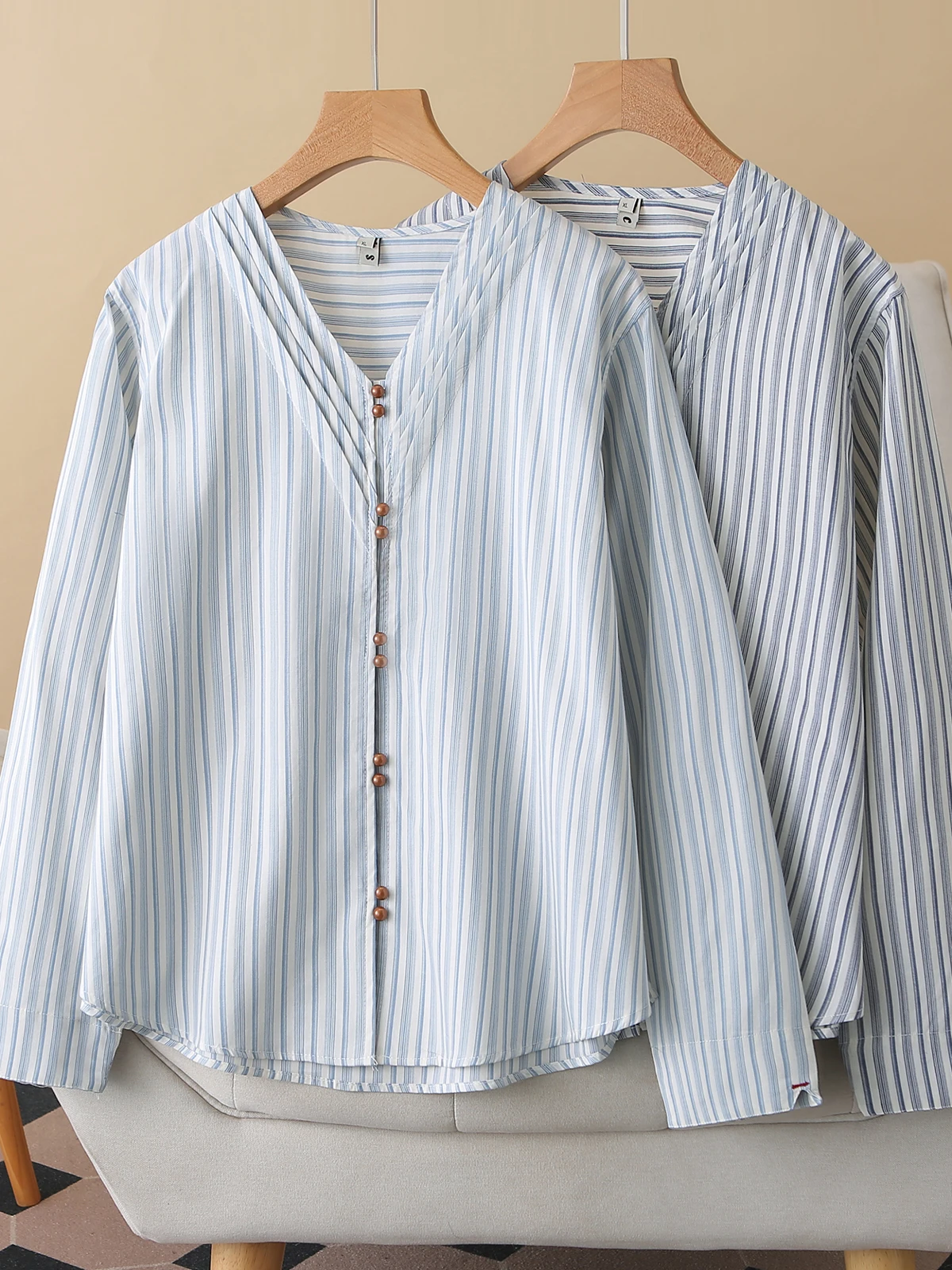 

Loose V-Neck Striped Long Sleeve Shirt Women's Spring Fashion Artistic Style plus Size Casual Wear Polyester Fiber Button Detail
