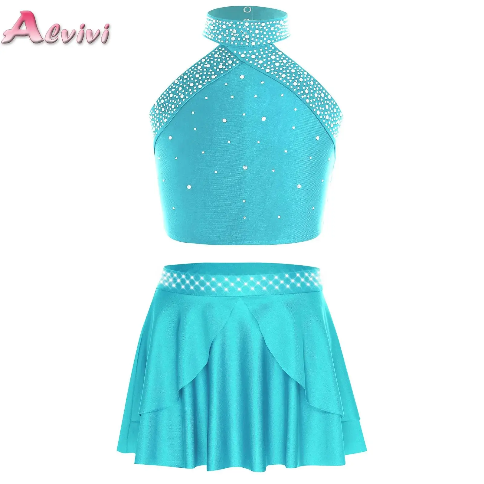 

Kids Girls Lyrical Dance Performance Outfit Sleeveless Cross Back Crop Top with Irregular Skirt Figure Skating Dresses Dancewear