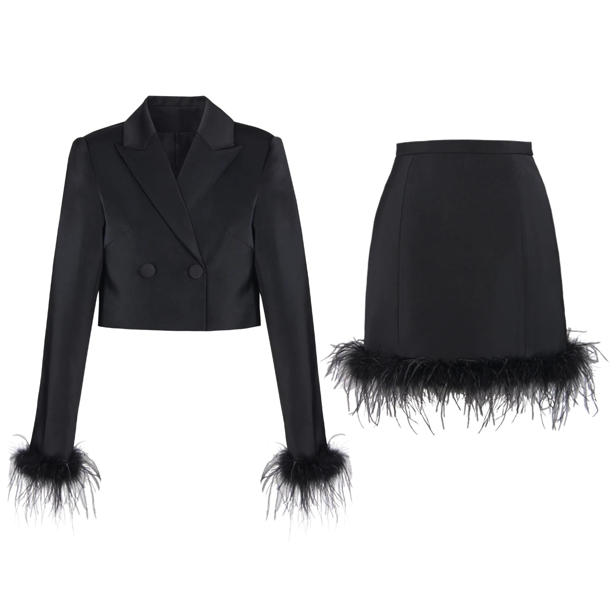 

New Fashion Premium Ostrich Feather Long Sleeve Slim Temperament Commuter Women's Suit Short Skirt Set