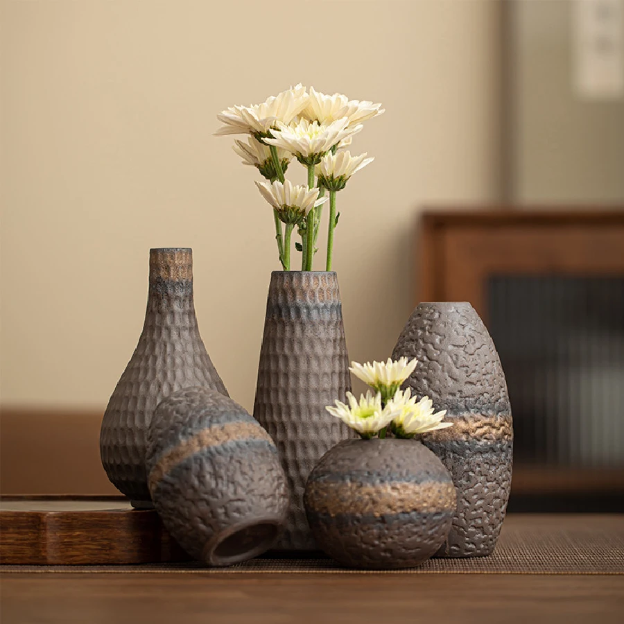 Florero pequeño de cerámica gruesa Vintage, mesa de comedor de salón de estilo japonés, juego de flores hidropónicas, adorno de decoración del hogar