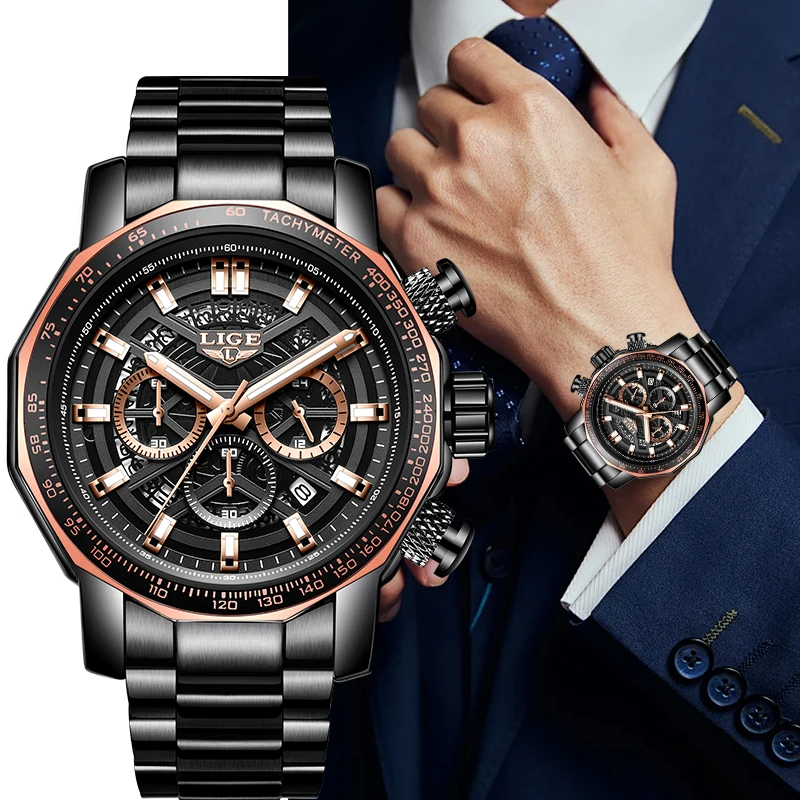 LIGE Top Brand Luxury Quartz Man Watch Fashion Simple Dial Casual Auto Date Waterproof Luminous Stainless Steel Watches Male+Box
