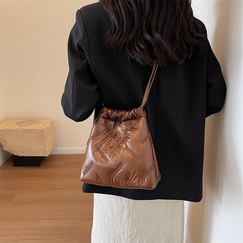 LEFTSIDE Sivler Small Casual Soft Cotton Padded Design Drawstring Crossbody Bag for Women 2023 New Korean Fashion Handbags