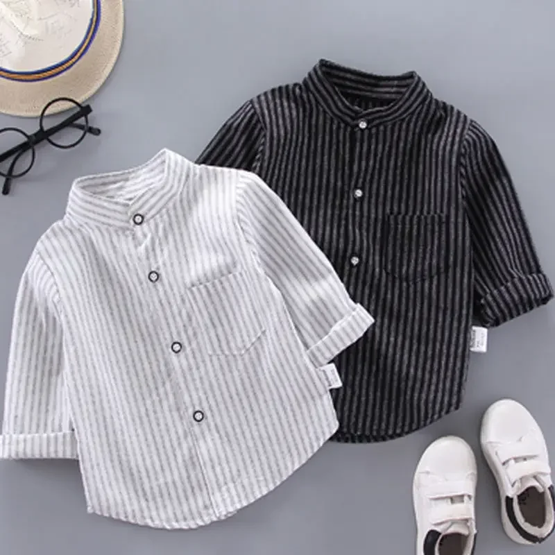 

Single-breasted Spliced Pocket Simplicity Trend Loose Korean Version Shirt Spring New Long Sleeve Stand Collar Striped Printed