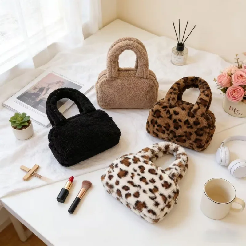 Y2K Korean Retro Leopard Print Plush Tote Bag Trendy Mini Handbag Purse Lipstick Key Shopping Storage Bag for Women - view 2