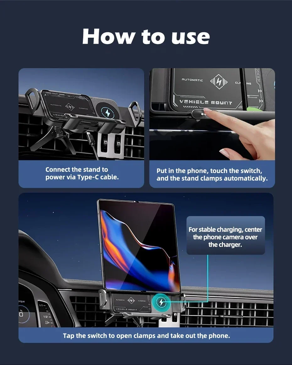 Vyvylabs Auto-Handyhalterung 15W Kabelloses Ladegerät Automatische Klemmung 360° ° Drehbare Lüftungshalterung für faltbare Handys und Tablet-Zubehör – Detail 14