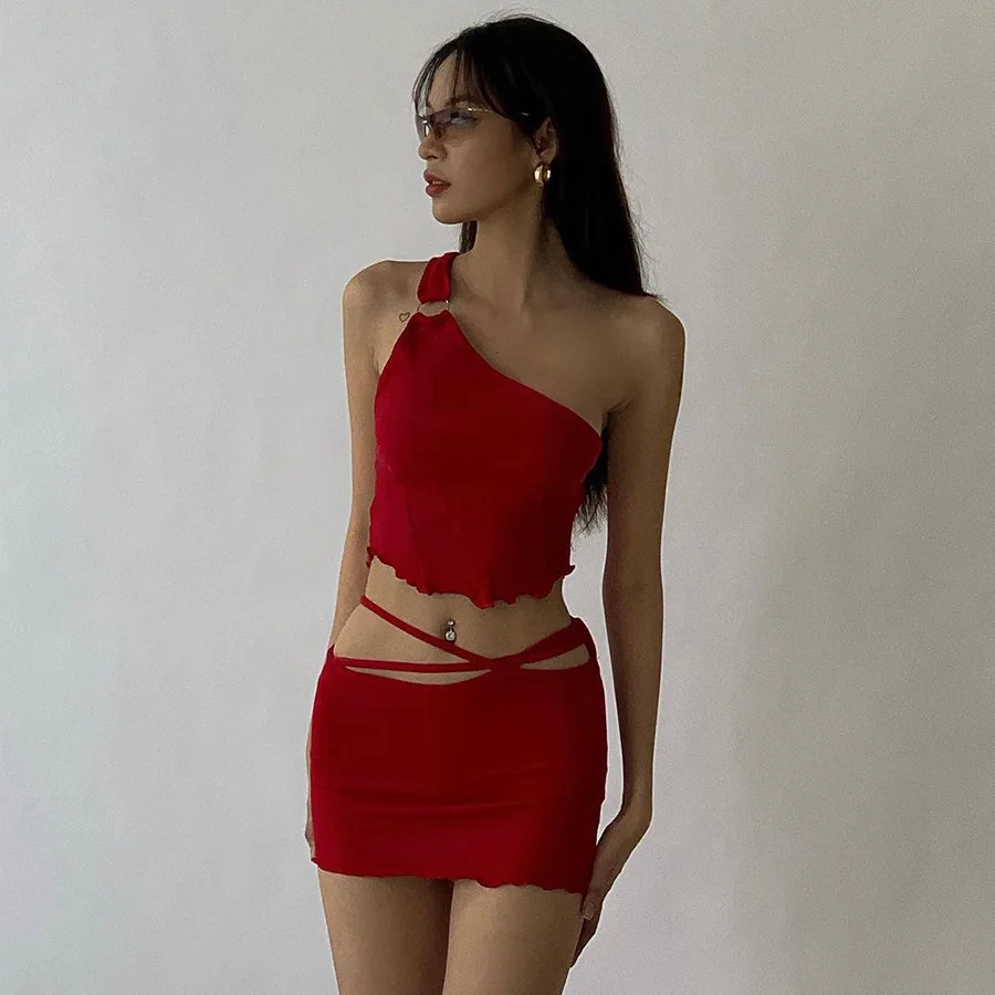 

European and American style 2023 summer new women's fashion single shoulder strap vest wrapped hip short skirt suit women