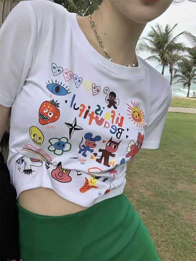 

WOMENGAGA Spice Girl Black Short Sleeve T-shirt Women Summer Clothes 2023 New Slim Short Printed Top Sweet Korean Tees L8NO