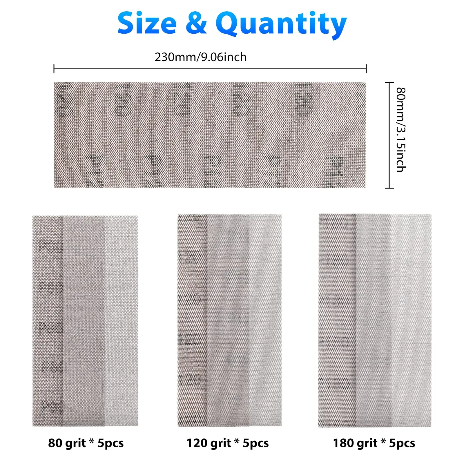 230X80 mm Mesh Sanding Sheets Hook and Loop Sanding Pads Assorted 80/120/180 Grit Dust Free Abrasive Net Sander Disc for Car