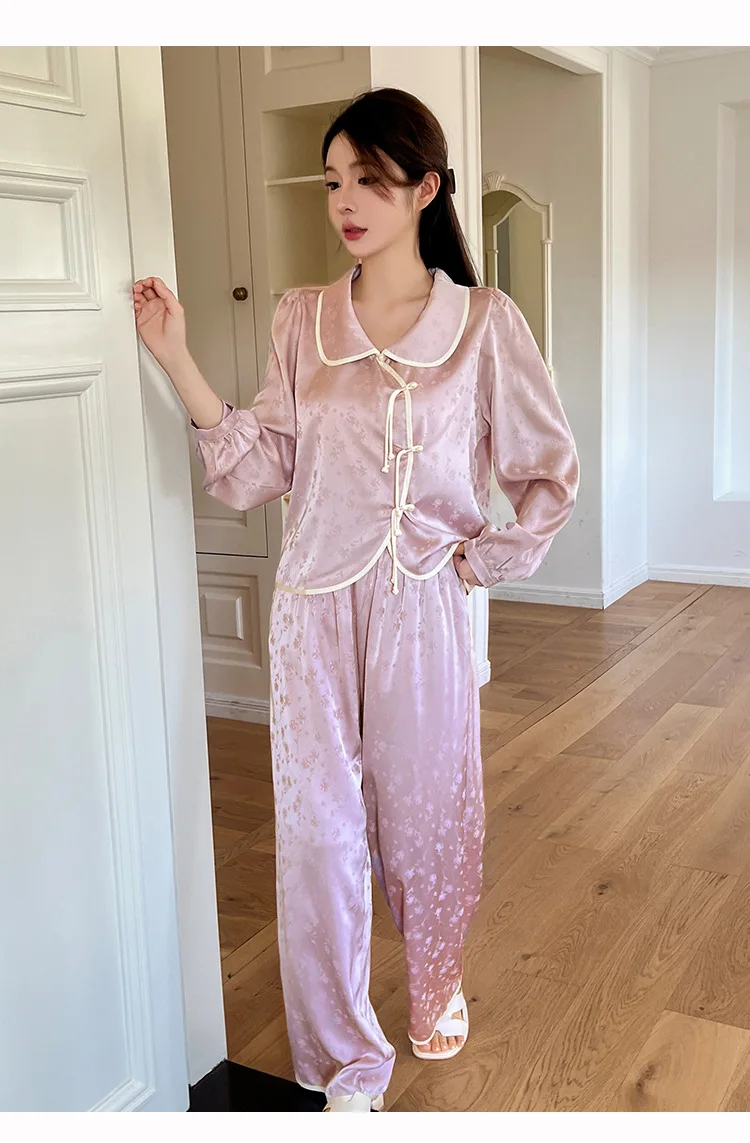 Jacquard Satin kerah kemeja lengan panjang celana piyama Set tidur wanita baju tidur rumah pakaian santai piyama setelan piyama musim semi