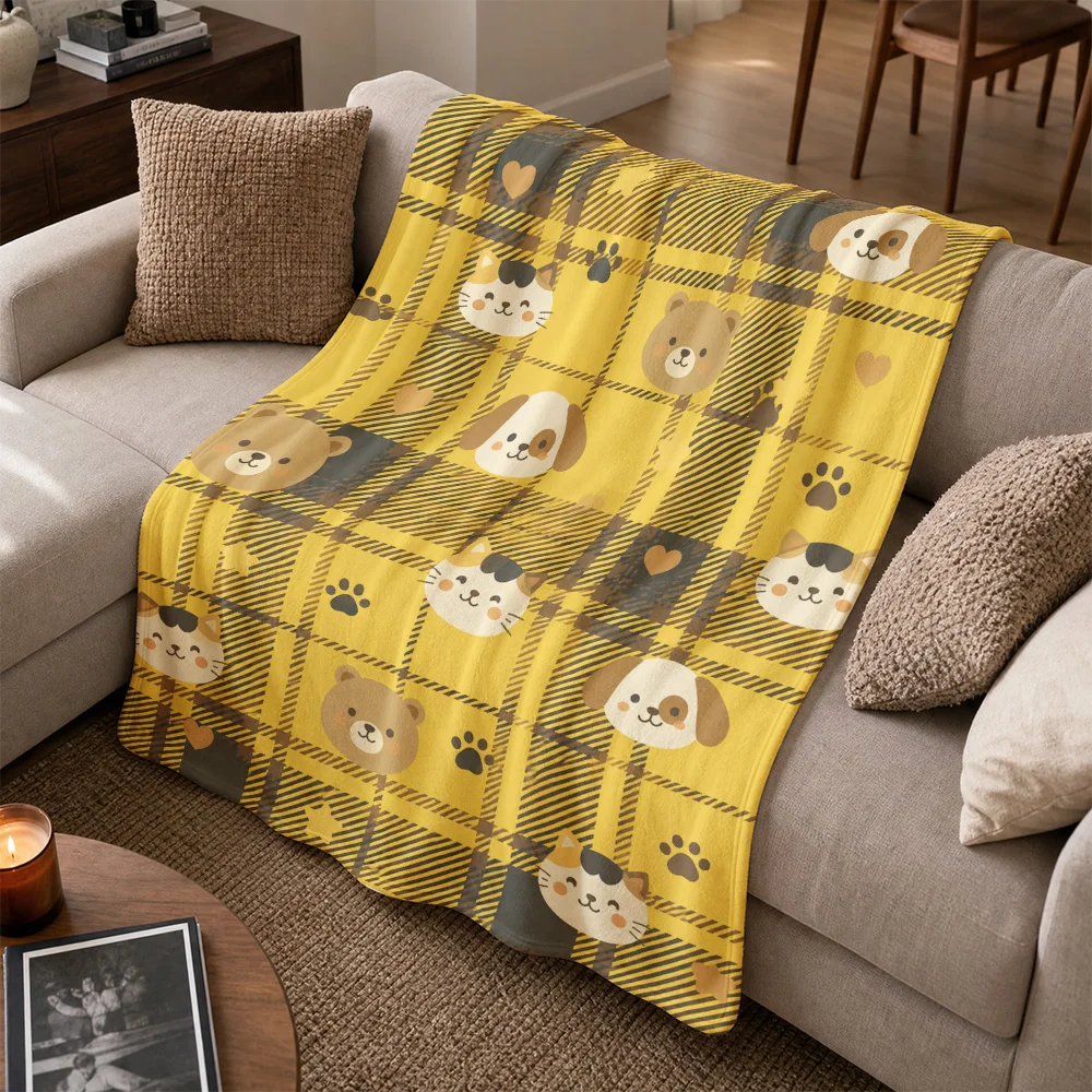 Super Soft Plaid Throw Blanket Yellow Animal Cartoon Sofa Cover Cozy Bear Cat Puppy Print Plaid Throw for Living Room Decor