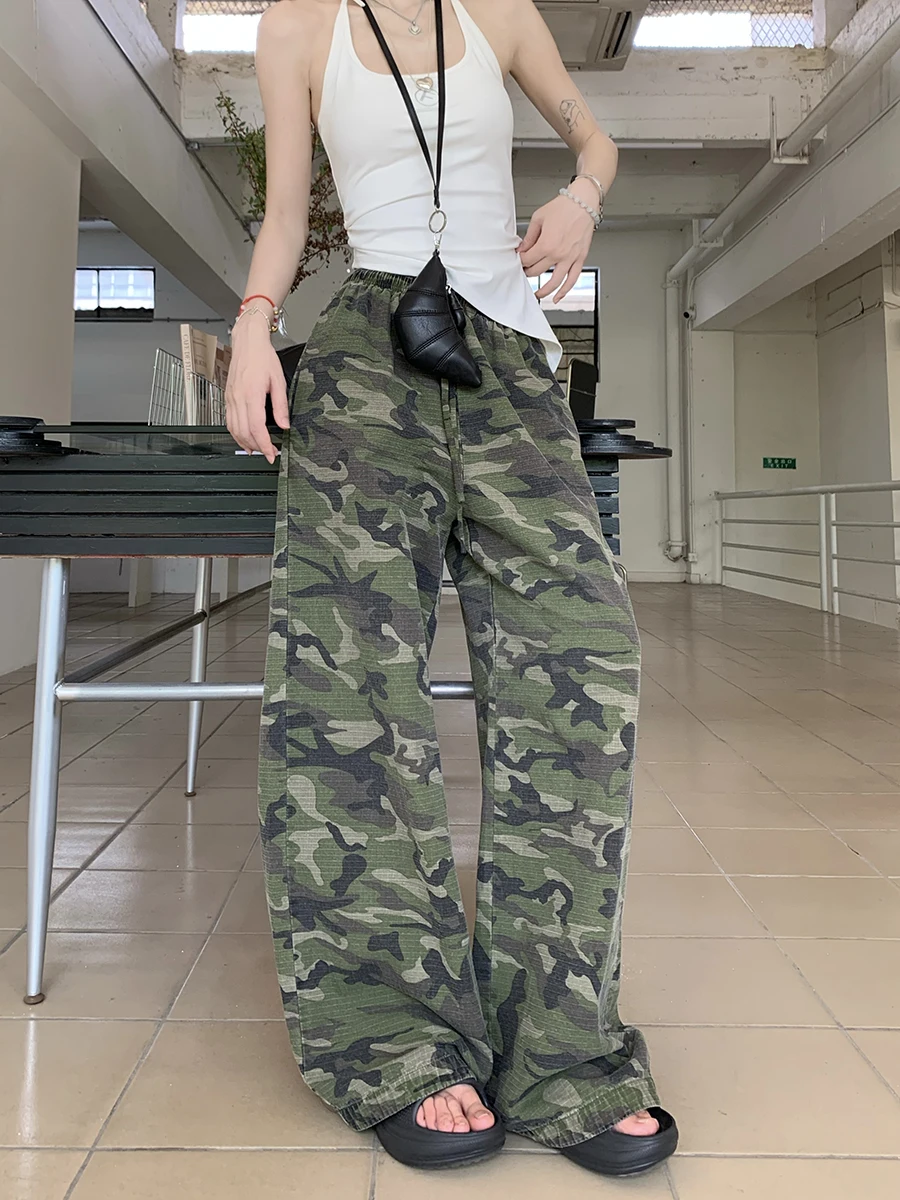 

Benuynffy Streetwear Camouflage Print Cargo Pants Women's American Retro Y2k Elastic Waist Casual Loose Wide-leg Trousers