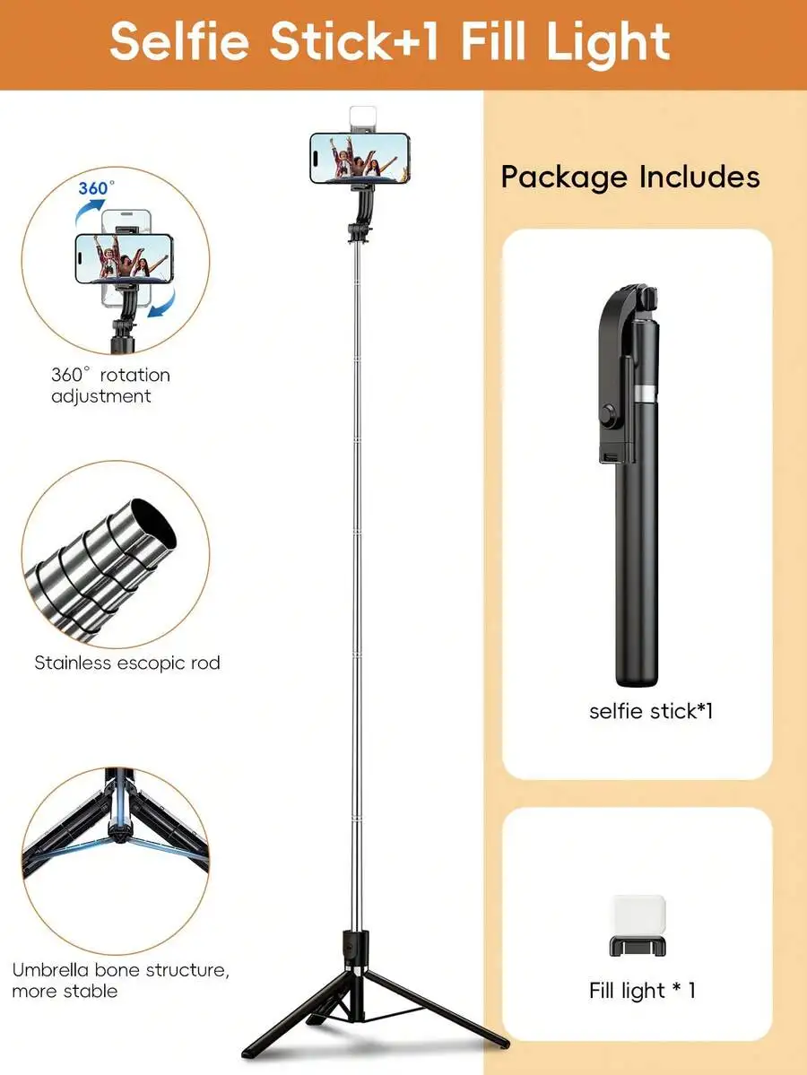 

Selfie Stick Tripod With Fill Light 30-170cm Extendable Stainless Steel For Smartphone Live Streaming