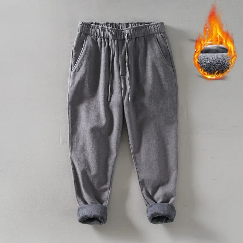 

Winter Pants Men Daily Fleece-lined Pants Men Chinese Retro Warm Cotton Linen Pants Drawstring Elastic Waist Straight Trousers
