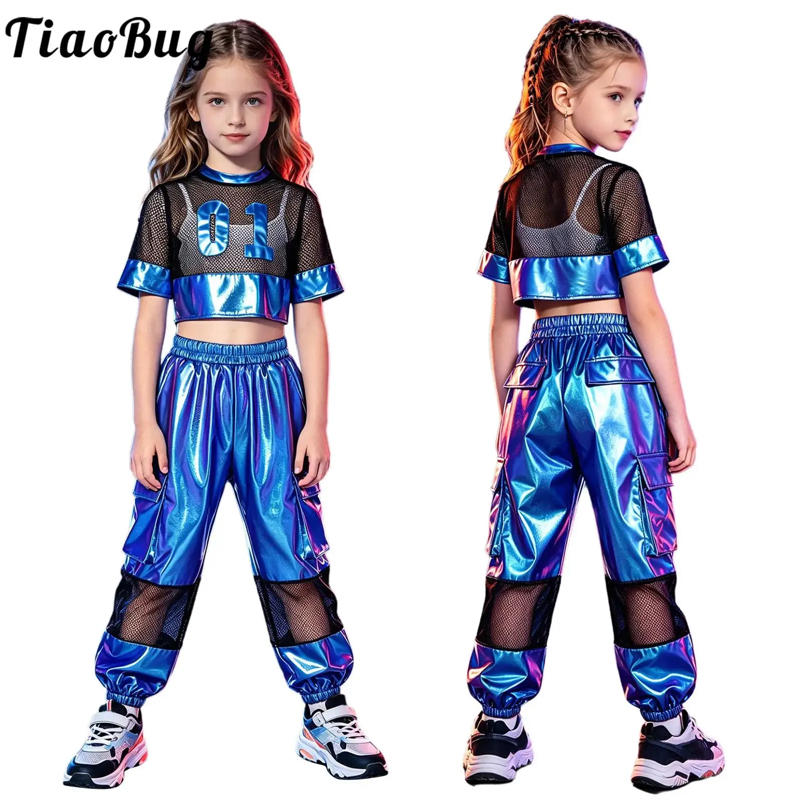 Kids Girls Metallic Shiny Hip Hop Jazz Street Dance Performance Costume Number Graphic Hollow Out Mesh Crop Top with Cargo Pants