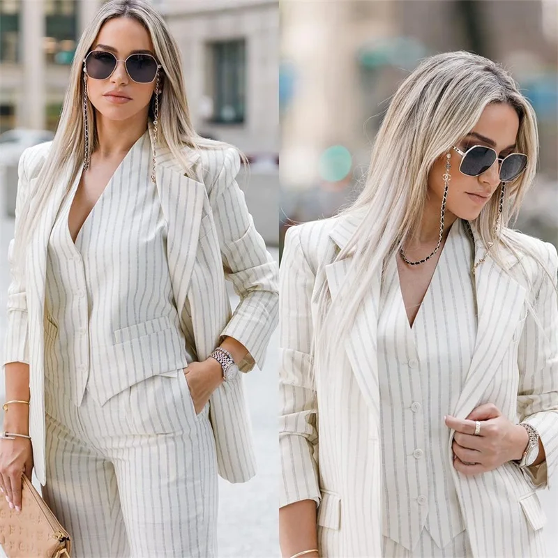 Pinstripes White Women Suits Set For Work 3Pcs Custom Made Blazer+Vest+Pants Designer Office Lady Party Prom Dress costume femme