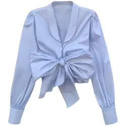 Spring Autumn New Short Bow Patchwork Korean Shirt Tops Long Sleeve V Neck Solid Lacing Elegant Blouse Fashion Y2K Women Clothes