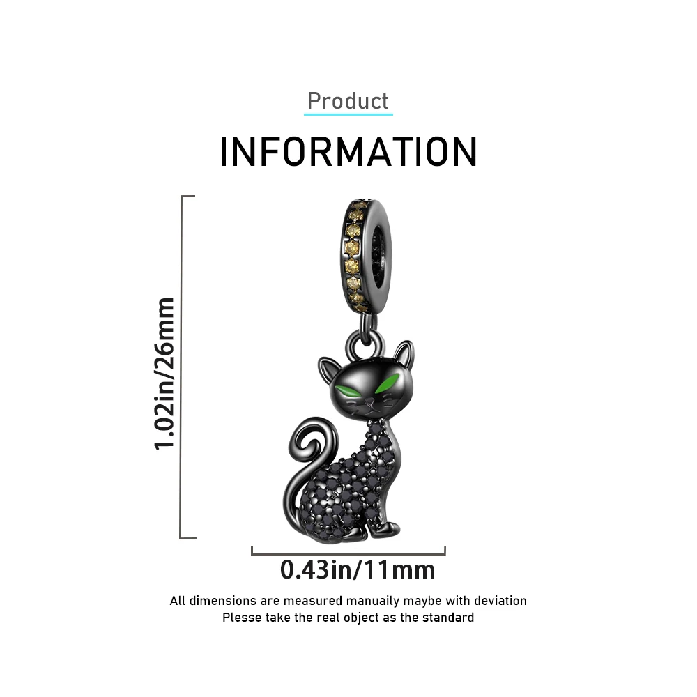 Ahthen 925 Sterling Silver Beads Mischievous Black Cat Dangle Charm fit Snake Chain Bracelets Necklaces for Women Jewelry Making