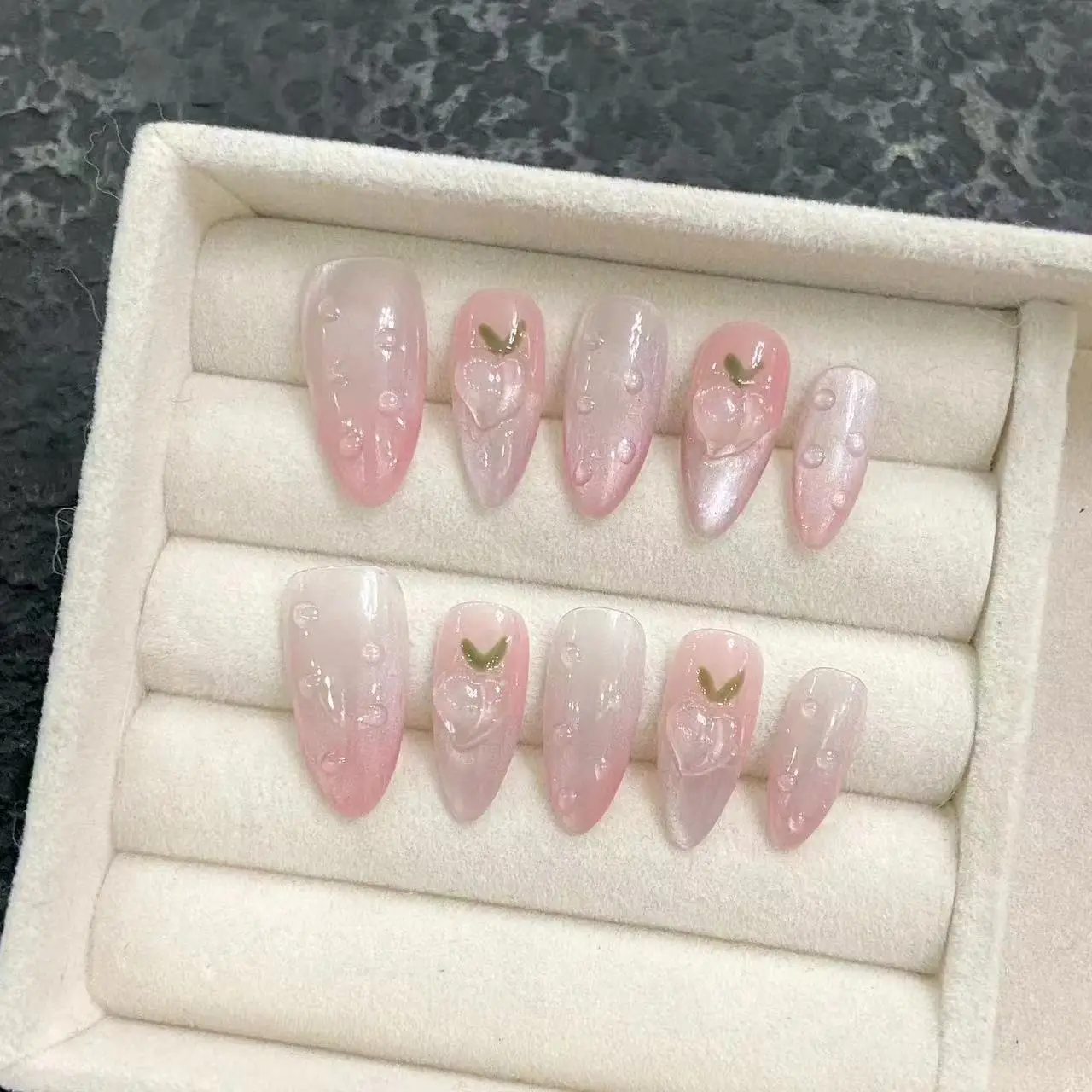 

10Pcs Mid-length Almond Handmade Press on Nails with Peach Pink Smudge Design Fake Nails Full Cover Detachable False Nails Tips