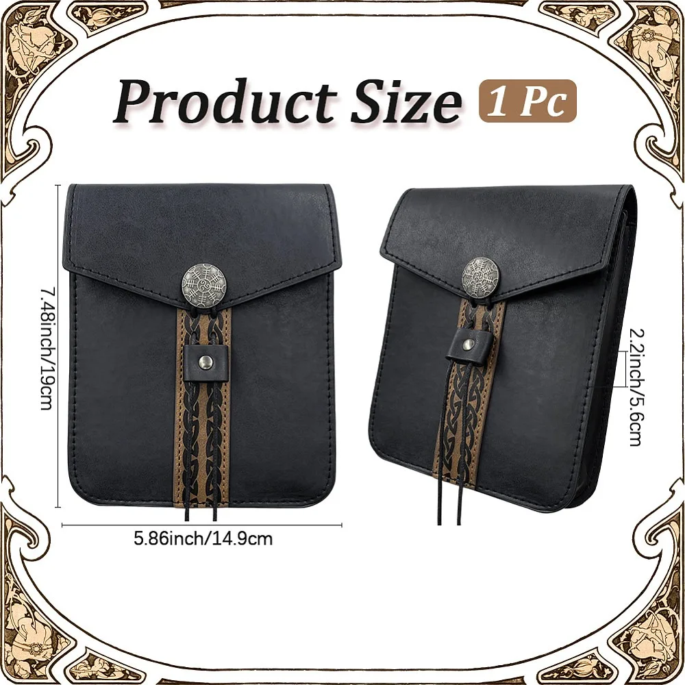 Medieval PU Leather Waist Bags Belt Bags with Adjustable Strap and Alloy Button Rectangle Black 190x149x56mm