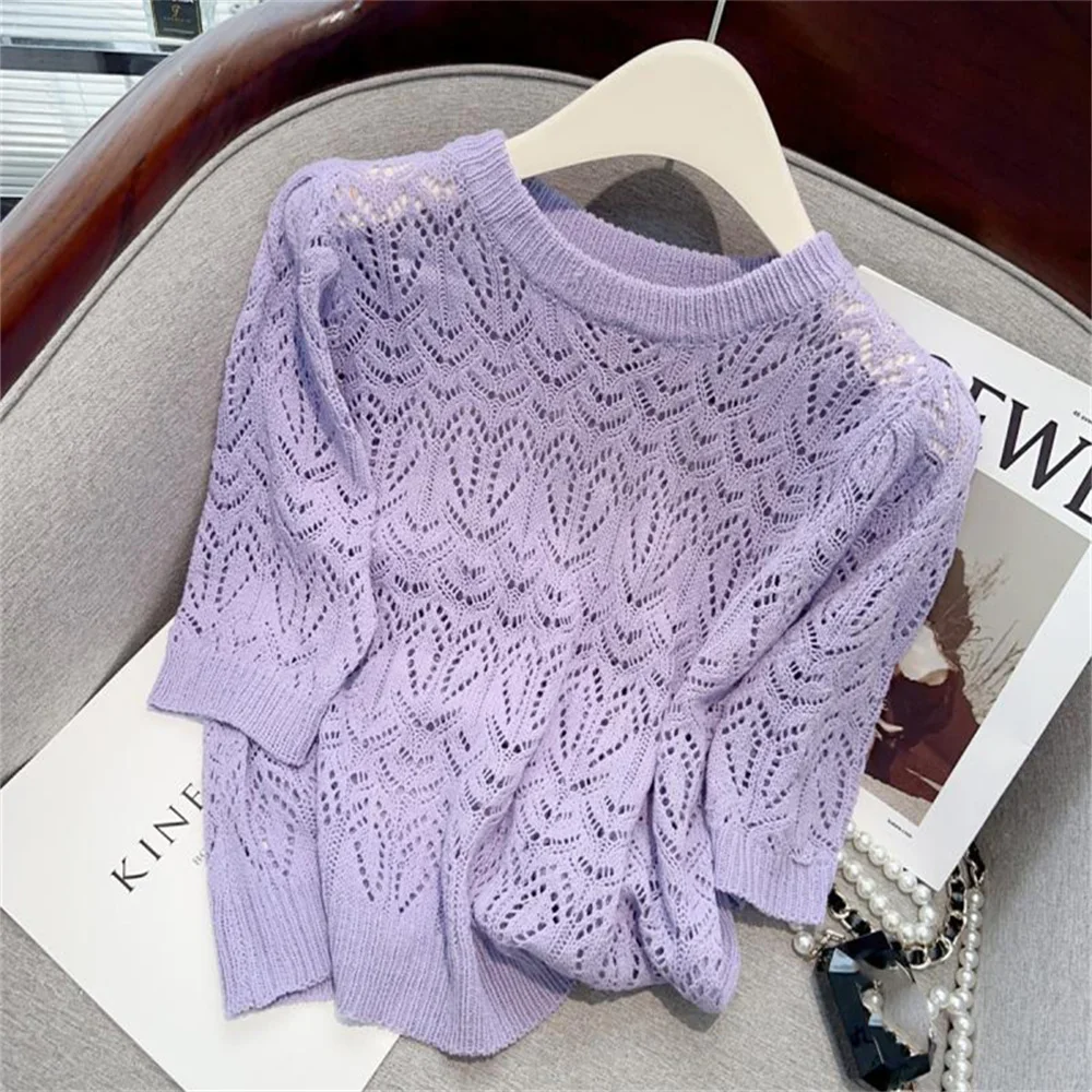 Summer Korean Style Fashion Elegant O-neck T-shirt All-match Solid Tops Women Clothes Thin Hollow Out Short Sleeve Knit Pullover