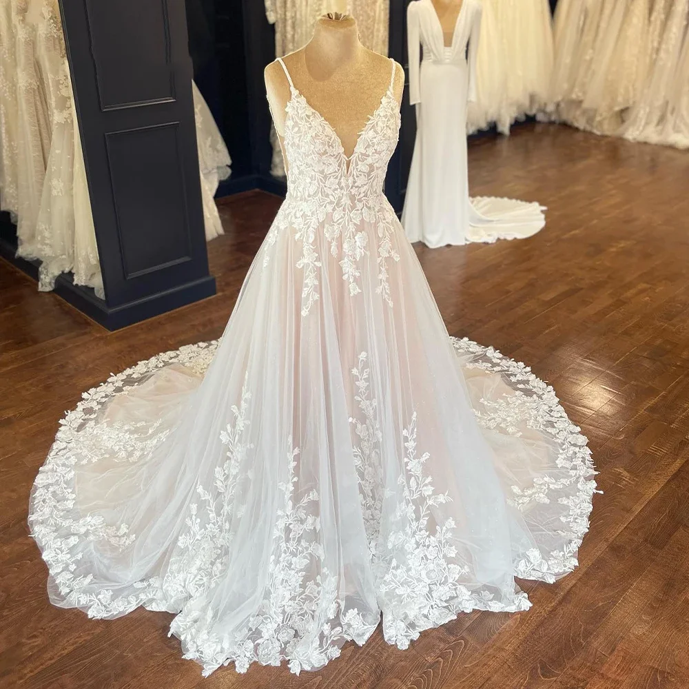 Suknie ślubne Flavinke z koronkowymi aplikacjami na zamówienie dla kobiet, bez rękawów, na ramiączkach spaghetti, tiulowe, w kształcie litery A, Vestidos De Noiva