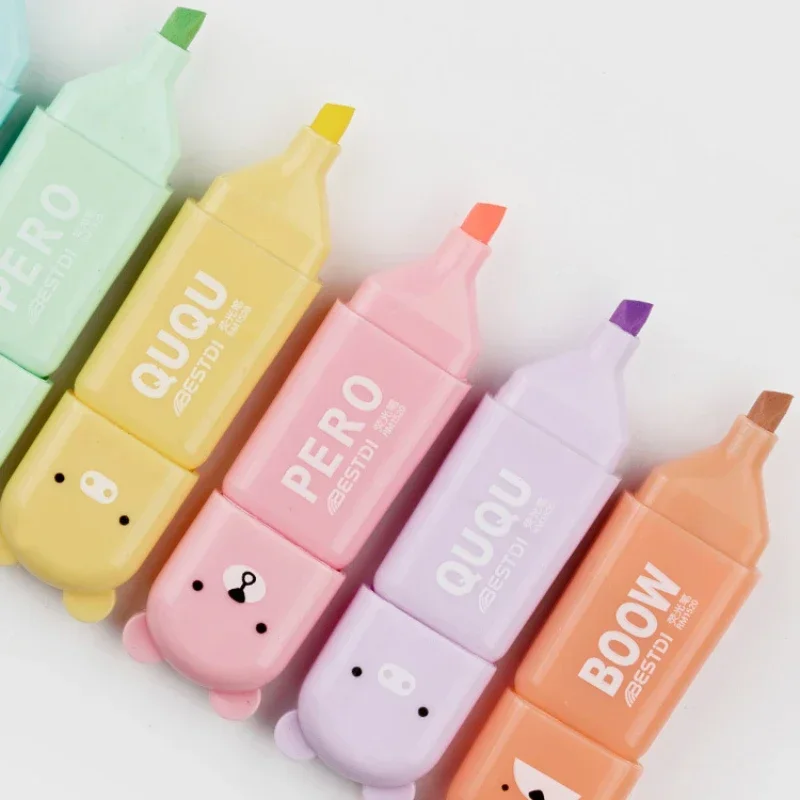 6PC Cute Macaron Color Cartoon Bear Highlighters Scrapbook DIY Decorative Brush Notebook Highlight Marker Pen School Supplies