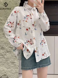 New Summer Cotton Yarn Long Sleeve Shirt, Women Polo Collar Cartoon Tops, Mori Girl Sweet Loose Retro Blouse, Autumn T48266QM