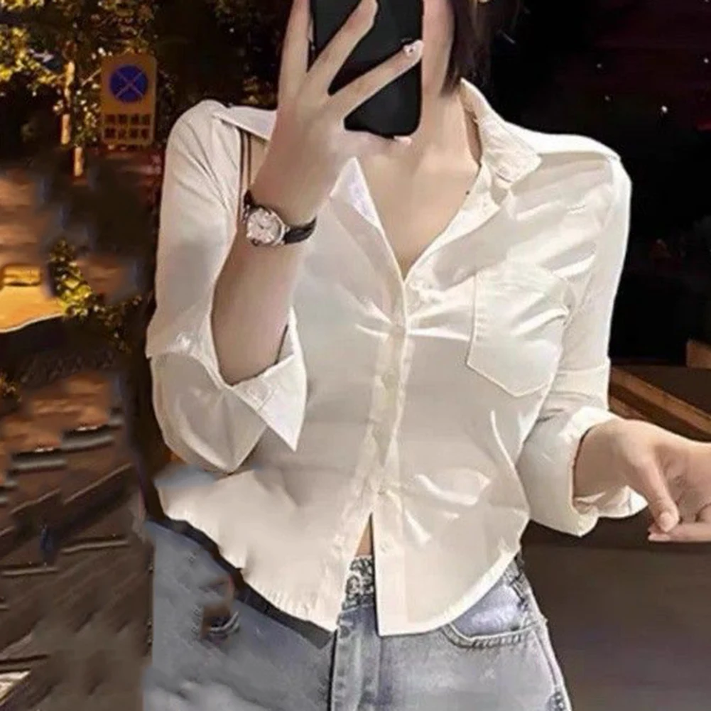 Casual Outing One Size Fashion Lapel Button Solid Color Long Sleeve Top Blouse Suitable For Summer V-neck Neckline
