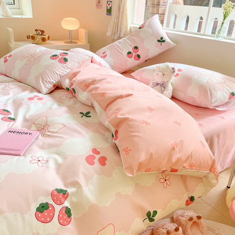 High Density Pure Cotton Floral Print Bedding Sets Cartoon Comfortable Sleep Quilt Cover Kit Fitted Sheet Set for All Seasons