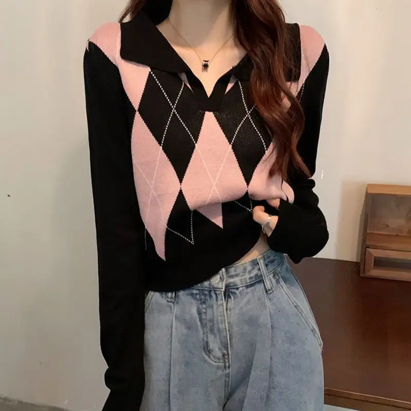 Spring Trend Patchwork Knitting Turn-down Collar Long Sleeve Pullovers Women Clothing Preppy Style Plaid Slim Sweater Femme Tops