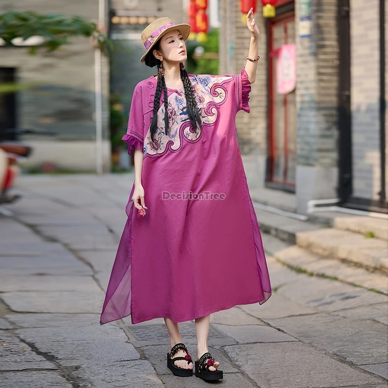 2024 new women improved national style chinese dress plus-size loose embroidered ramie cotton chiffon fashion chinese dress t001